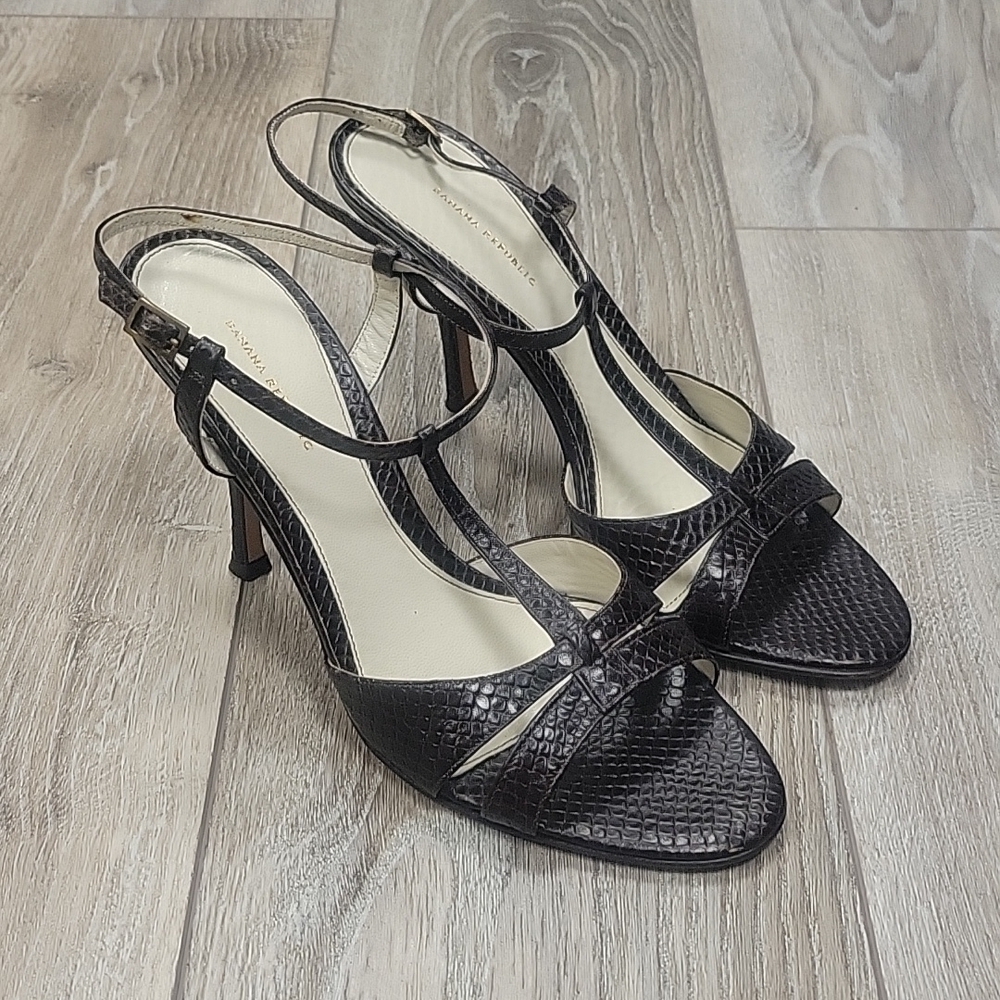 Banana Republic Dark Brown Leather T-Strap Strappy Stiletto Sandals Size 8 1/2